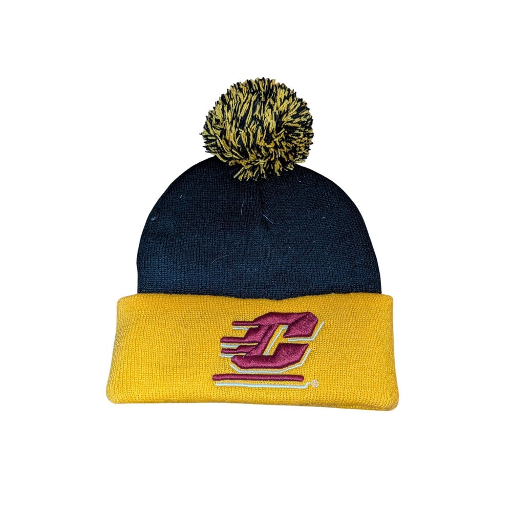 Central Michigan Chippewas Beanie Hat Navy Yellow Embroidered Pom Pom Knit Cap‎